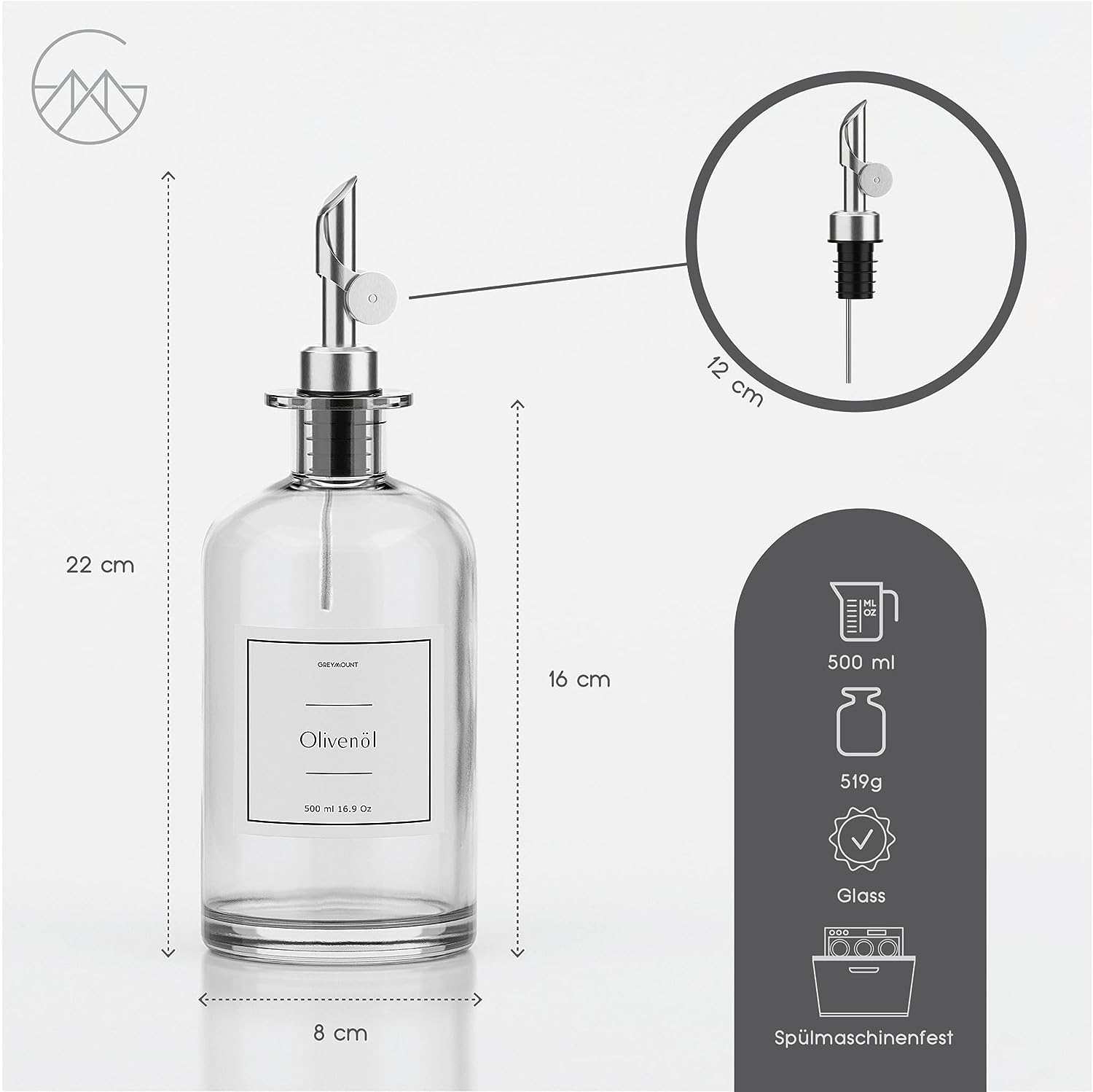 Ölflasche aus Glas mit Ausgießer Silber (1 x 500ml)
