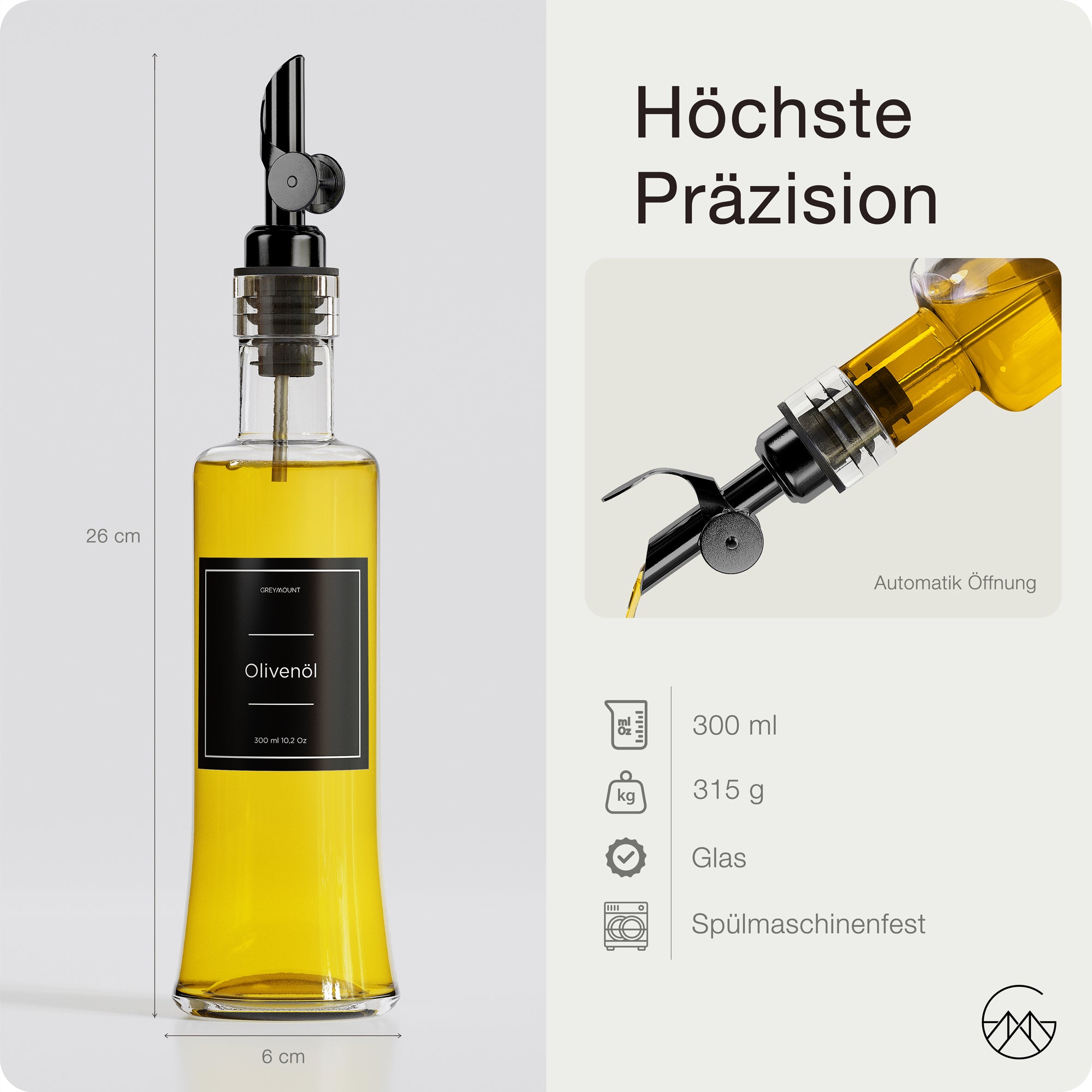 Ölflasche aus Glas mit Ausgießer Schwarz (2er Set, 300ml)