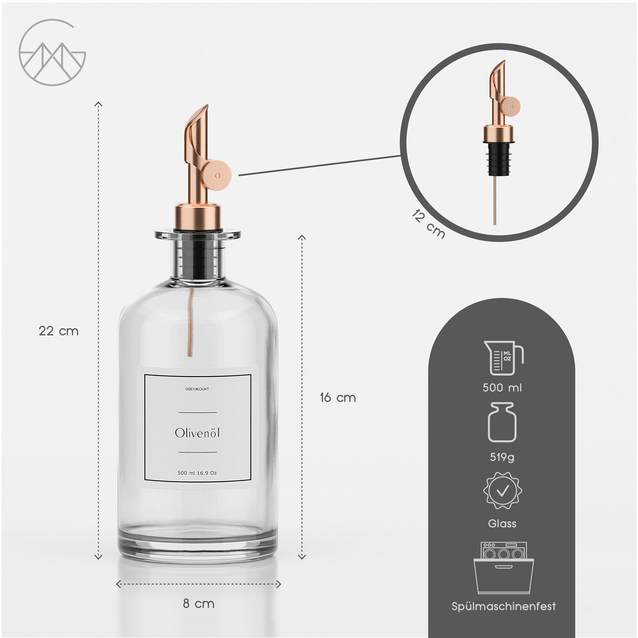 Ölflasche aus Glas mit Ausgießer Rose Gold (2er Set, 500ml)