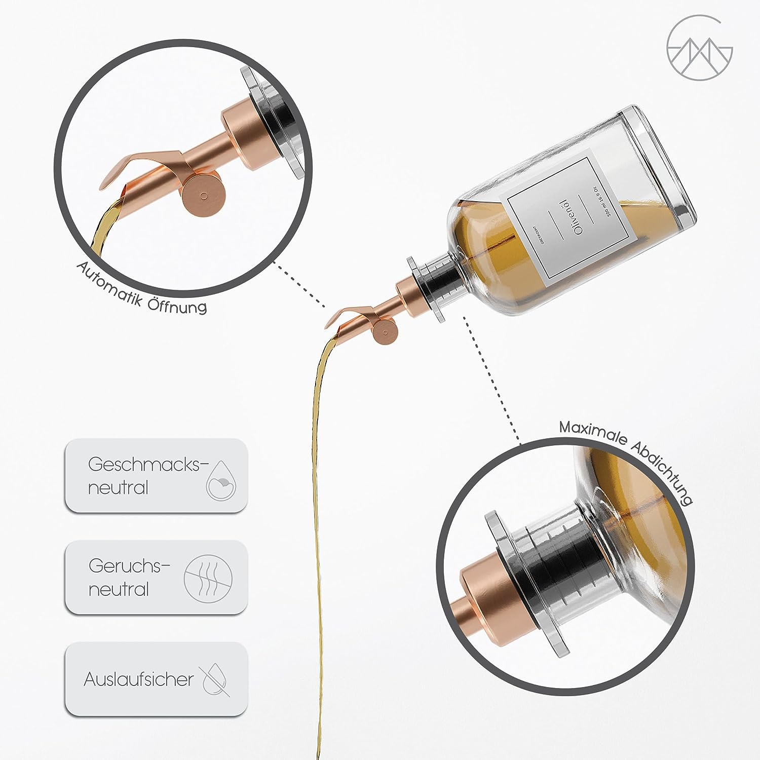 Ölflasche aus Glas mit Ausgießer Rose Gold (1 x 500ml)