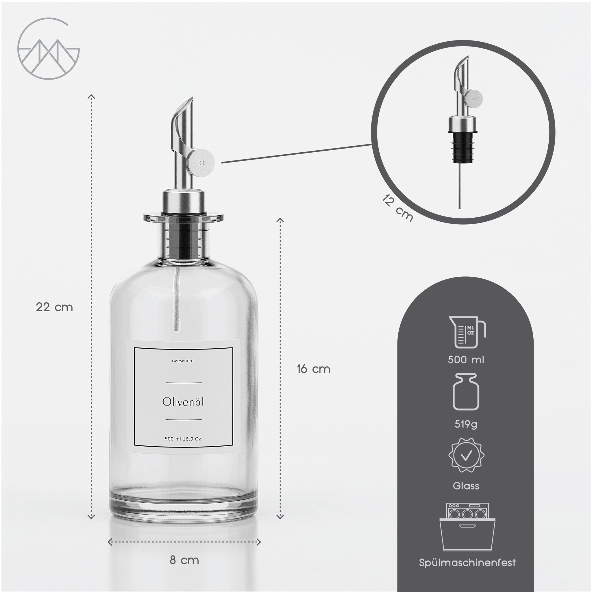 Ölflasche aus Glas mit Ausgießer Silber (2er Set, 500ml)