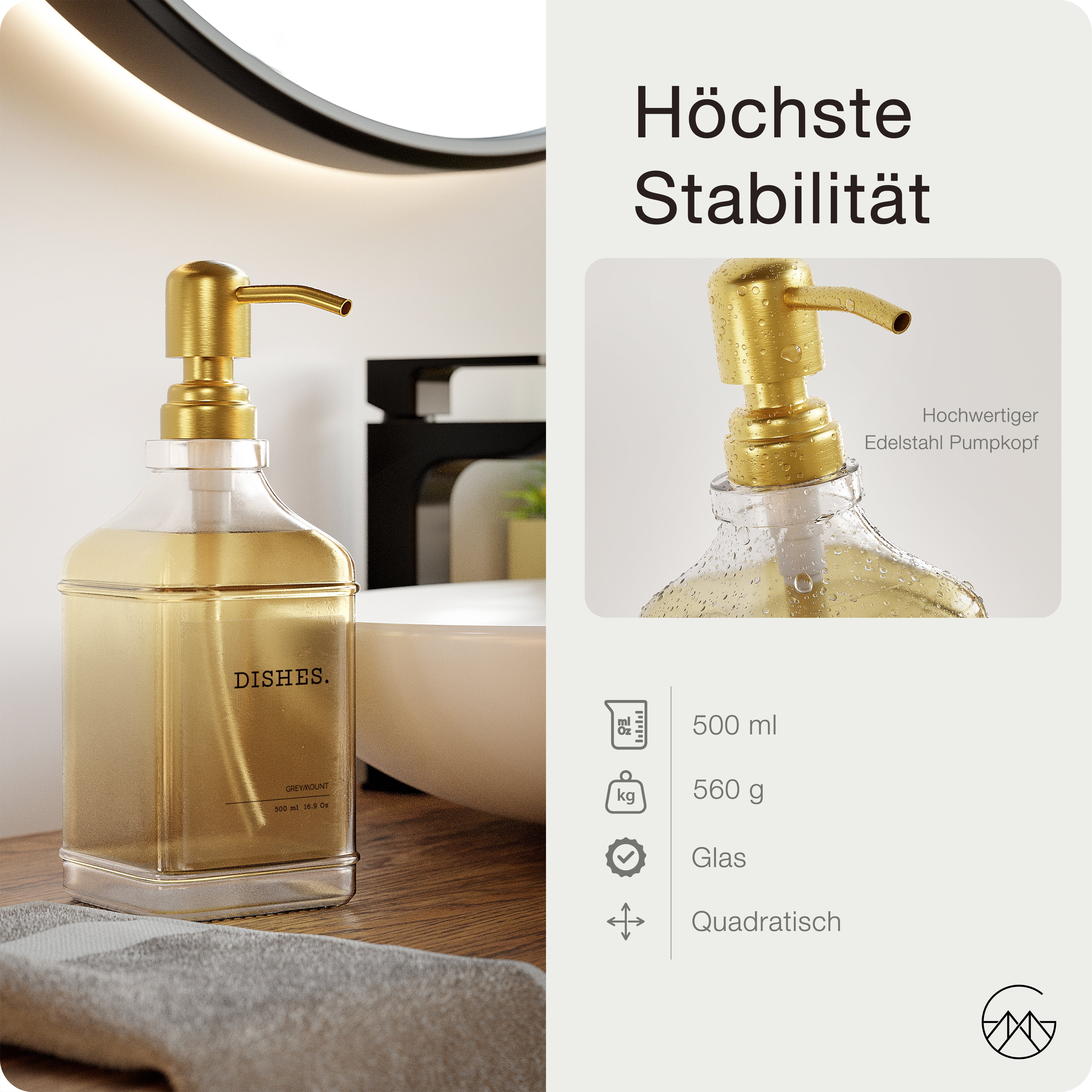 Seifenspender aus Glas mit Edelstahl Pumpe Gold (2er Set, 500ml)
