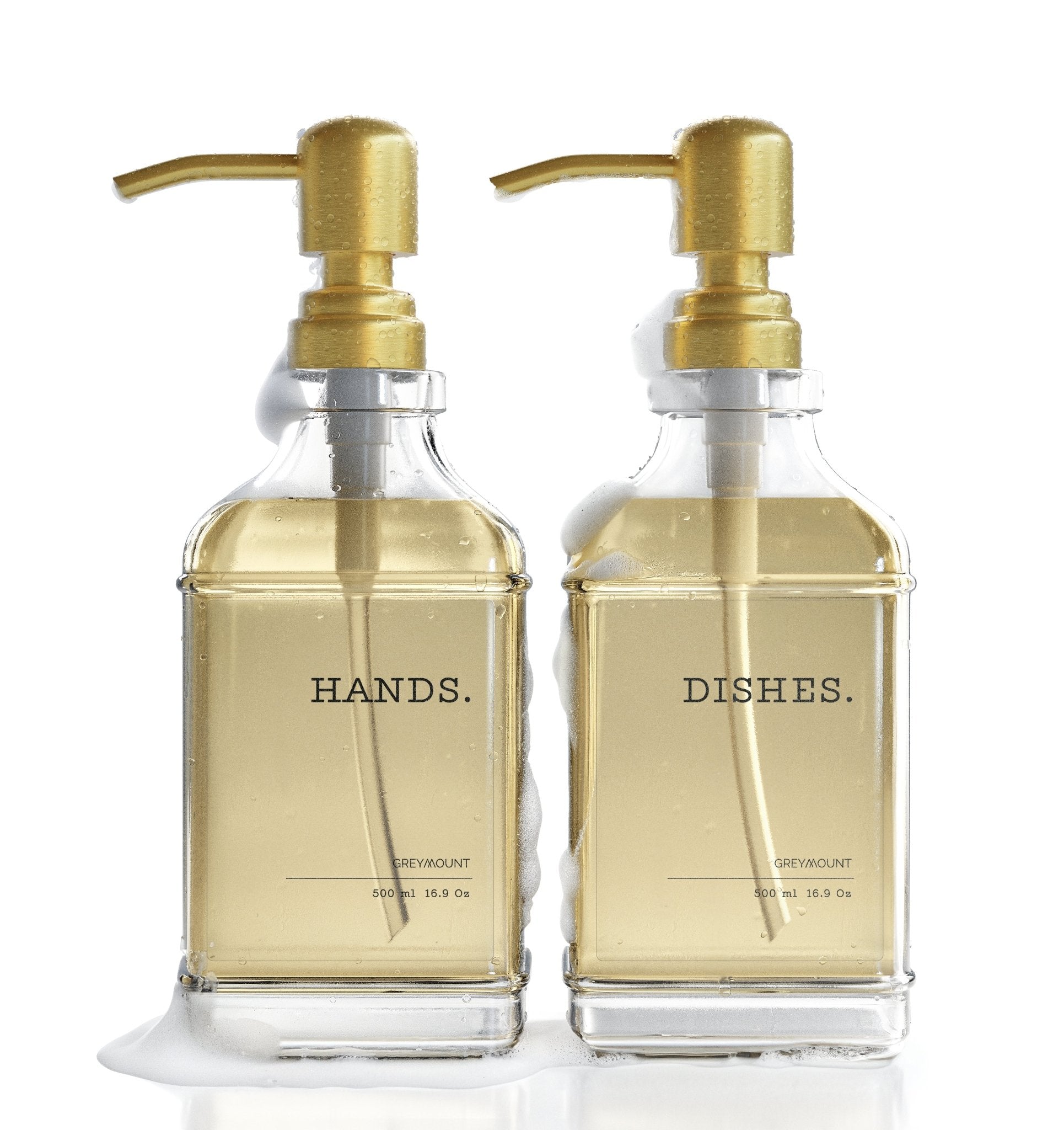 Seifenspender aus Glas mit Edelstahl Pumpe Gold (2er Set, 500ml) - Greymount