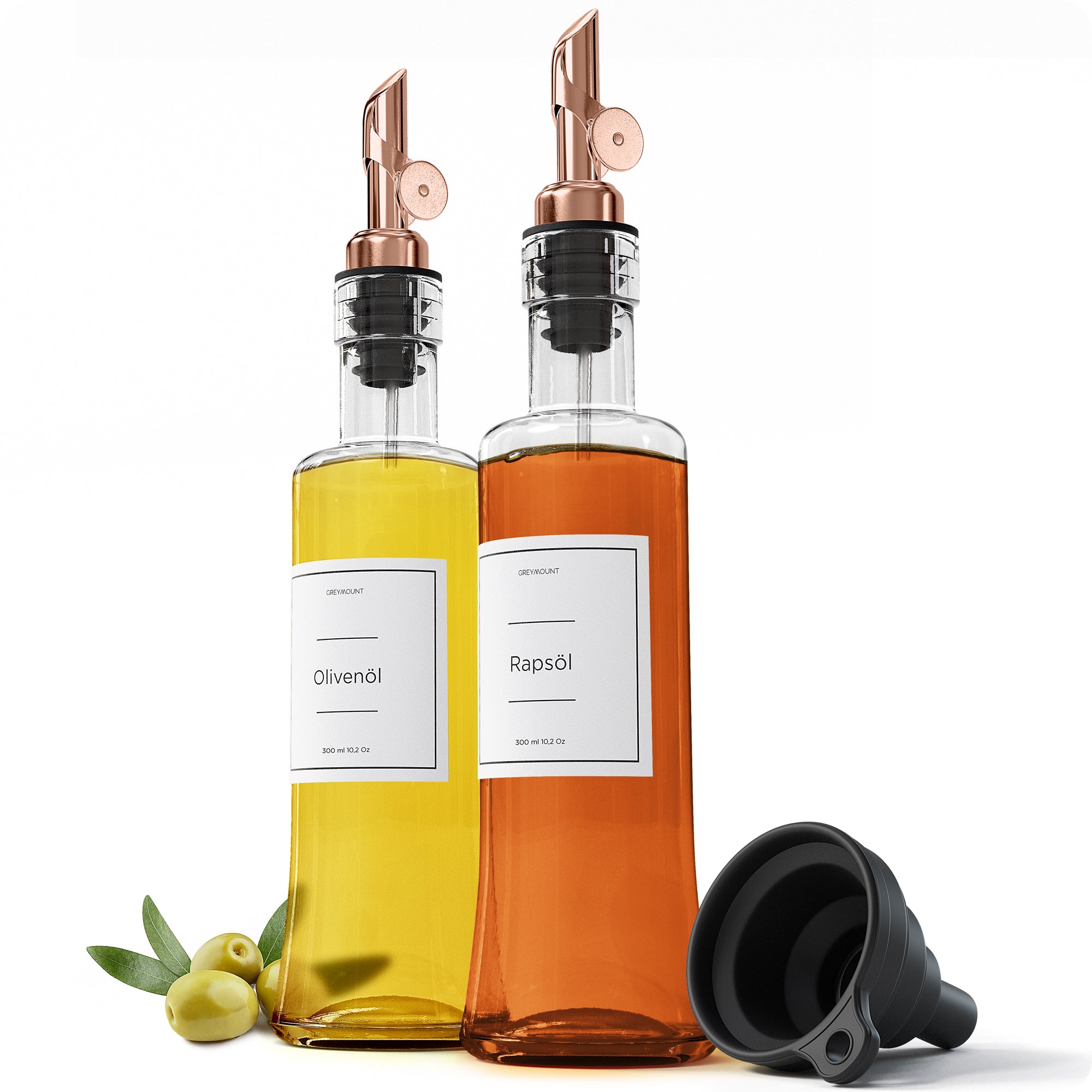 Ölflasche aus Glas mit Ausgießer Rose Gold (2er Set, 300ml)
