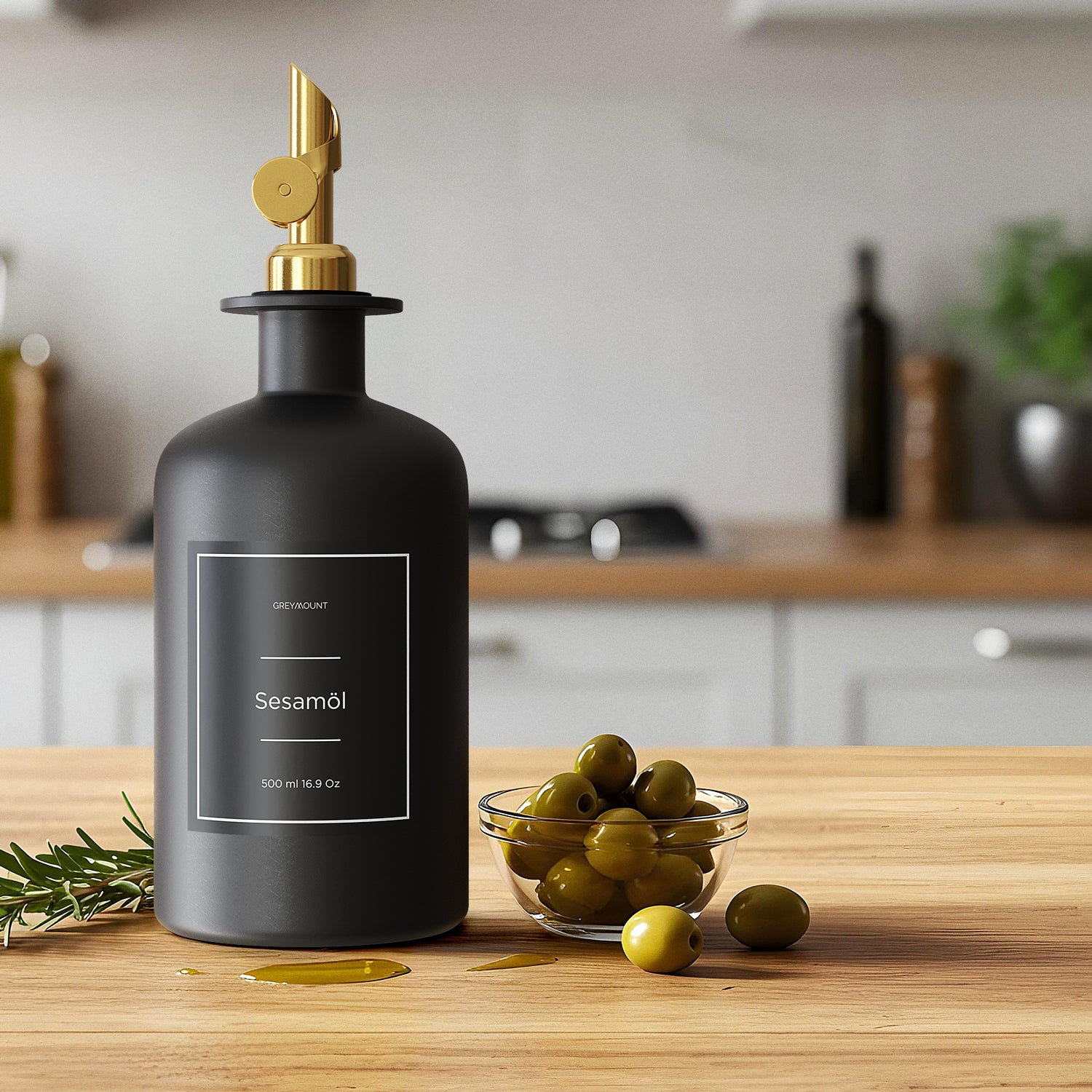 Ölflasche aus Glas Schwarz mit Ausgießer Gold (Schwarz Etiketten, 500ml)