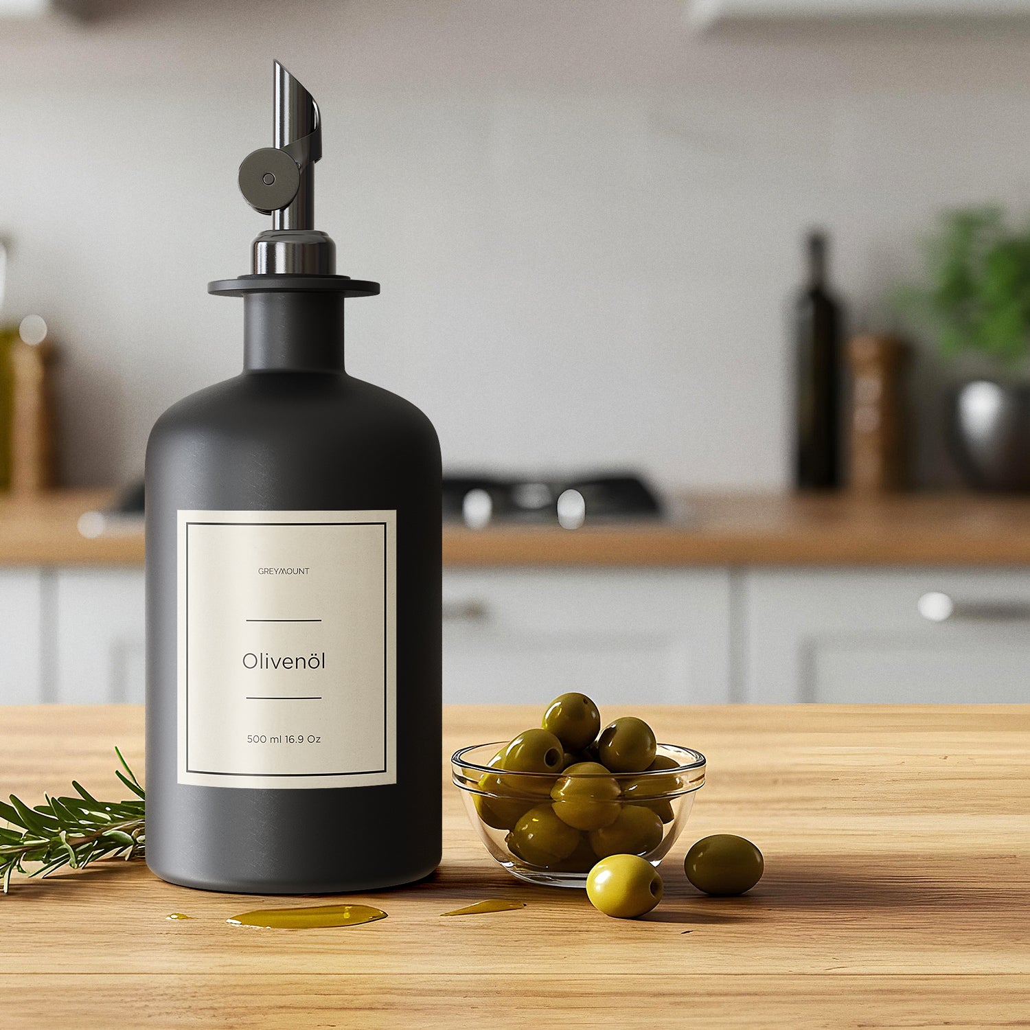 Ölflasche aus Glas Schwarz mit Ausgießer Schwarz (Sand Etiketten, 500ml)