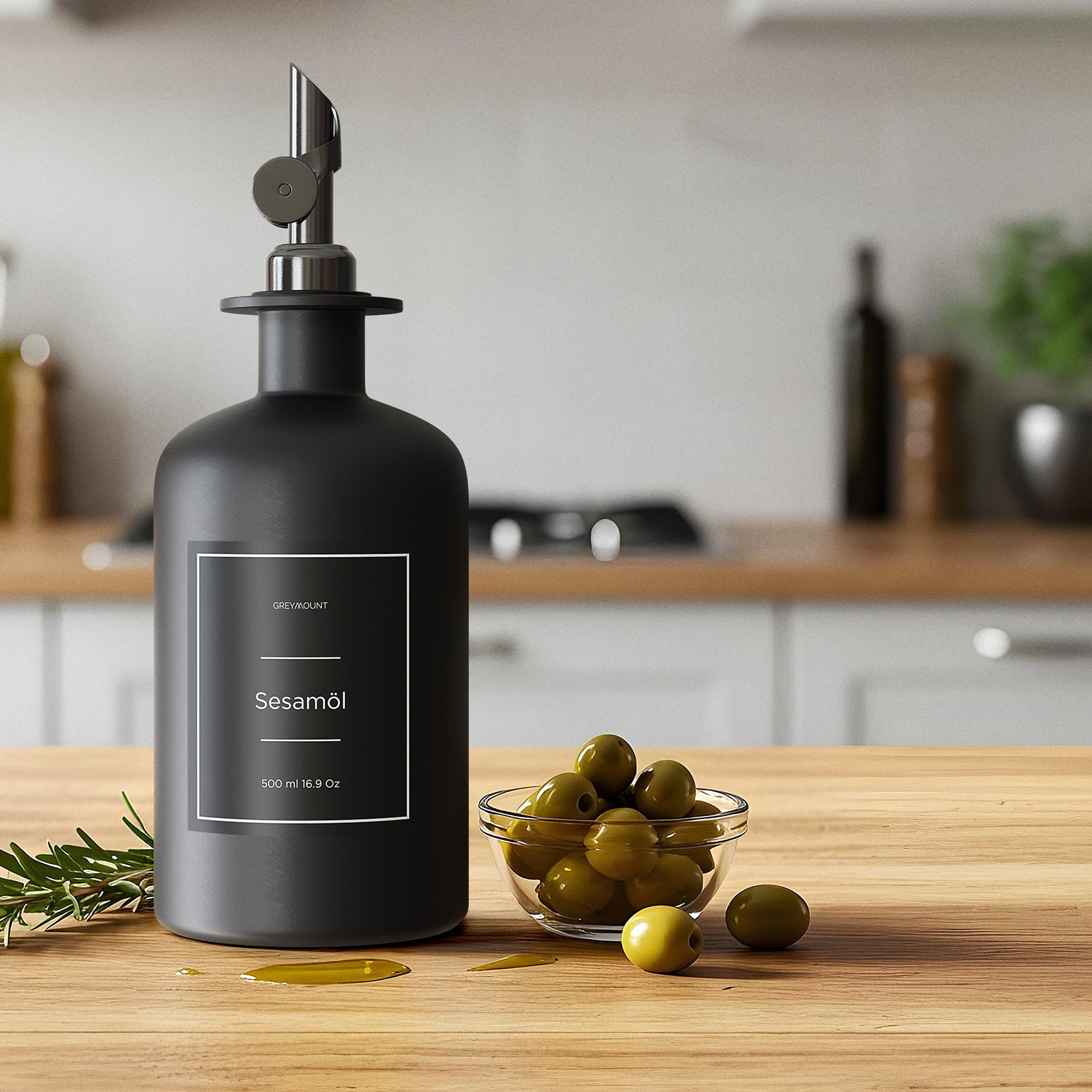 Ölflasche aus Glas Schwarz mit Ausgießer Schwarz (Schwarz Etiketten, 500ml)