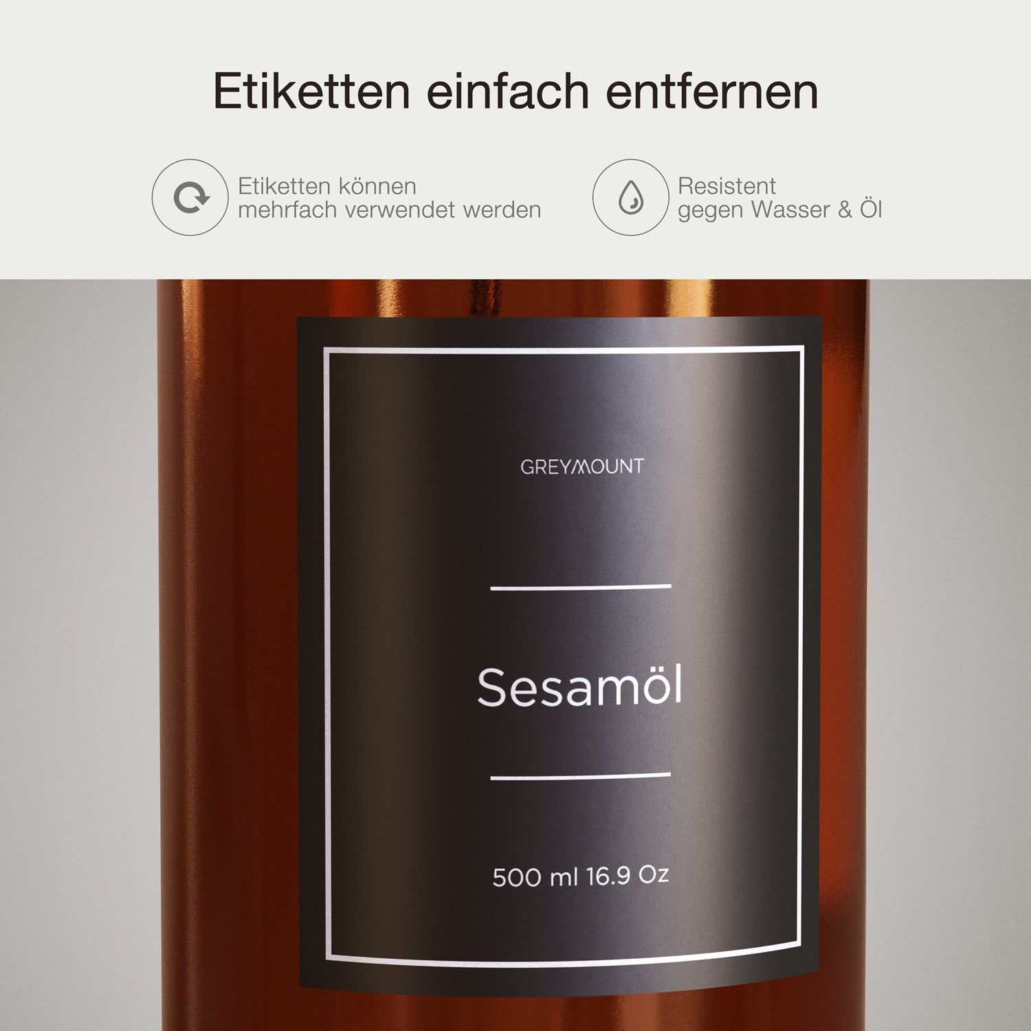 Ölflasche aus Braunglas mit Ausgießer Silber (Schwarz Etiketten, 500 ml)
