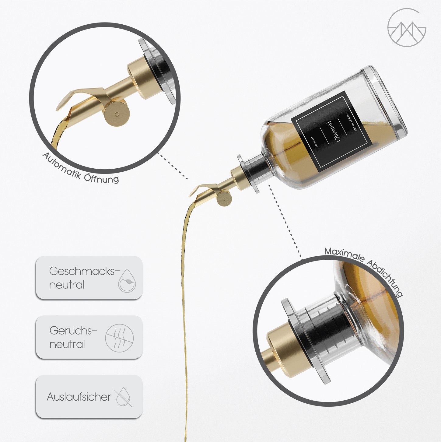 Ölflasche aus Glas mit Ausgießer Gold 2 (2er Set, 500ml)