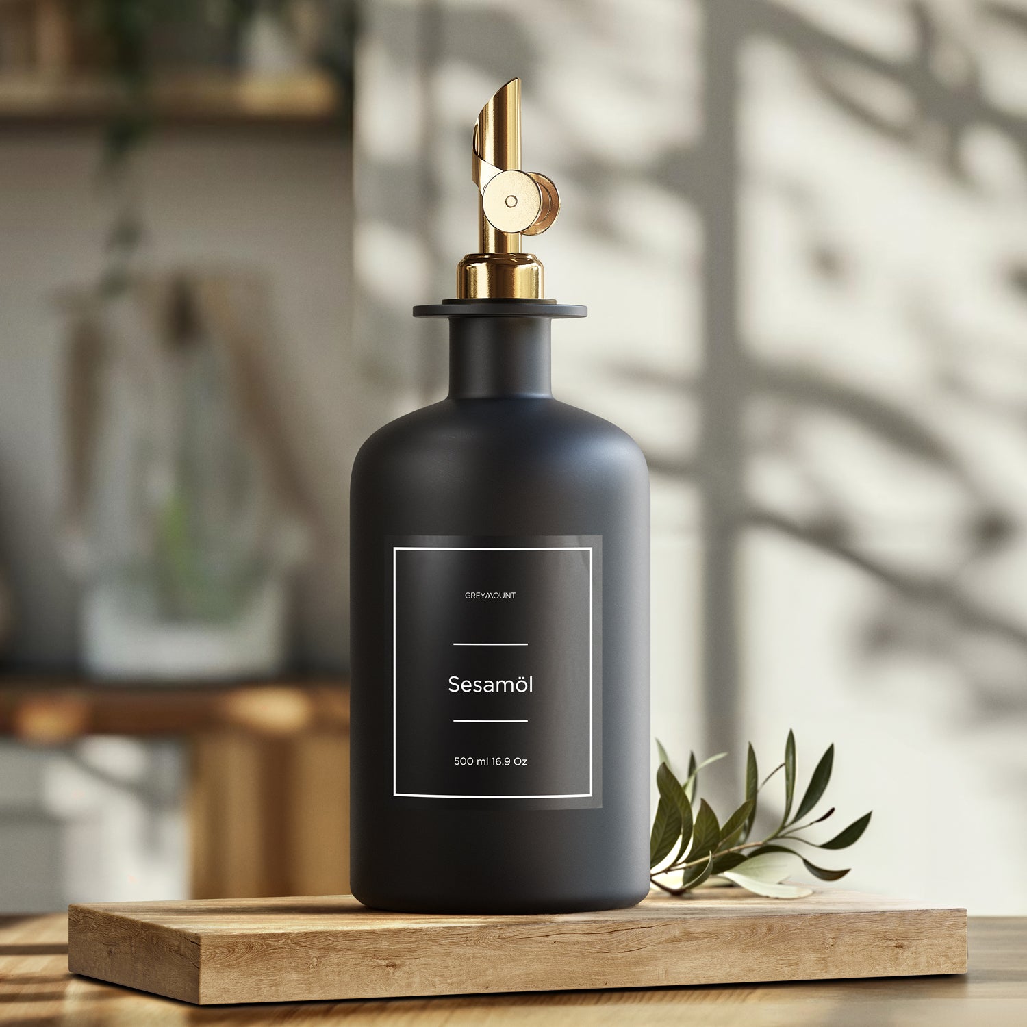 Ölflasche aus Glas Schwarz mit Ausgießer Gold (Schwarz Etiketten, 500ml)