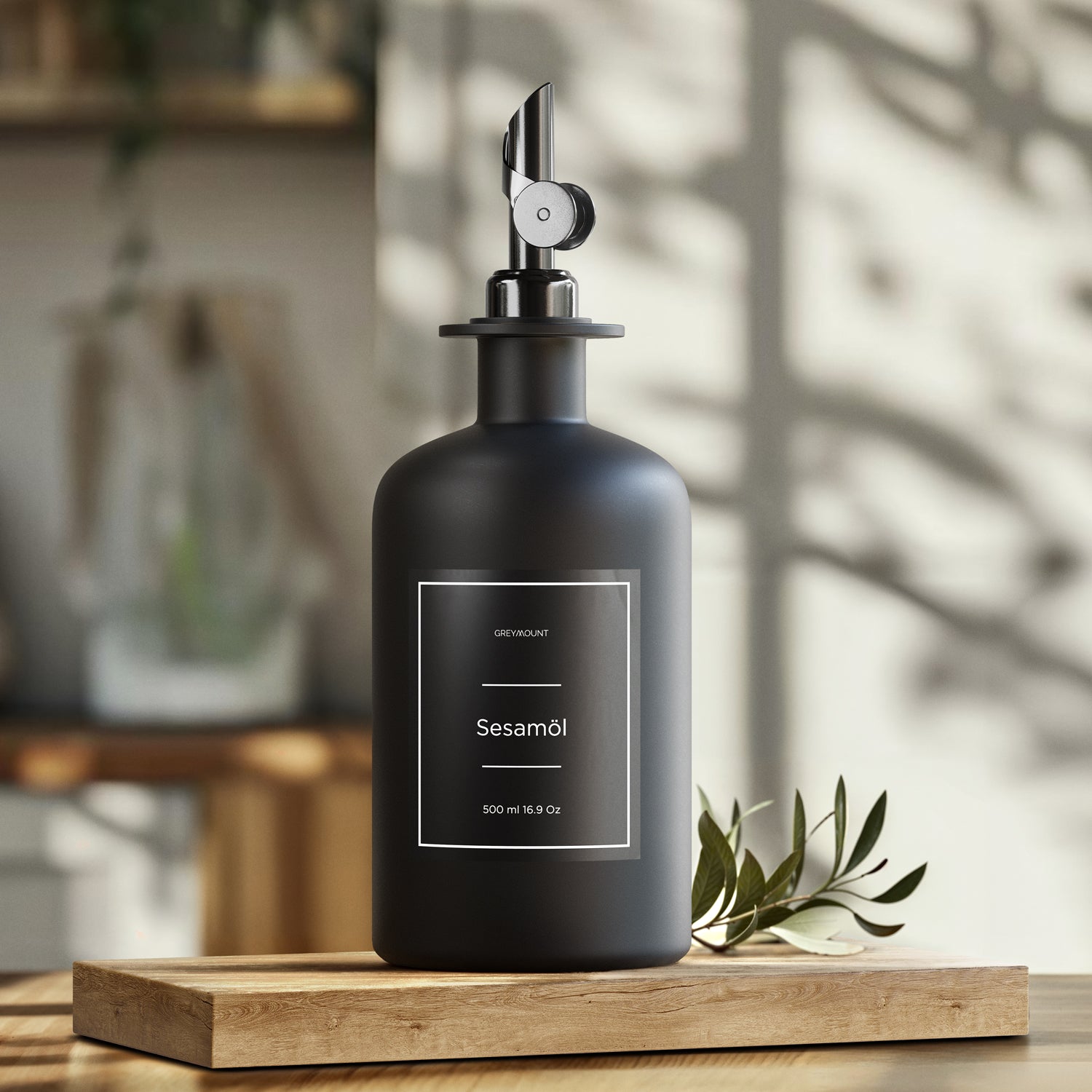 Ölflasche aus Glas Schwarz mit Ausgießer Schwarz (Schwarz Etiketten, 500ml)