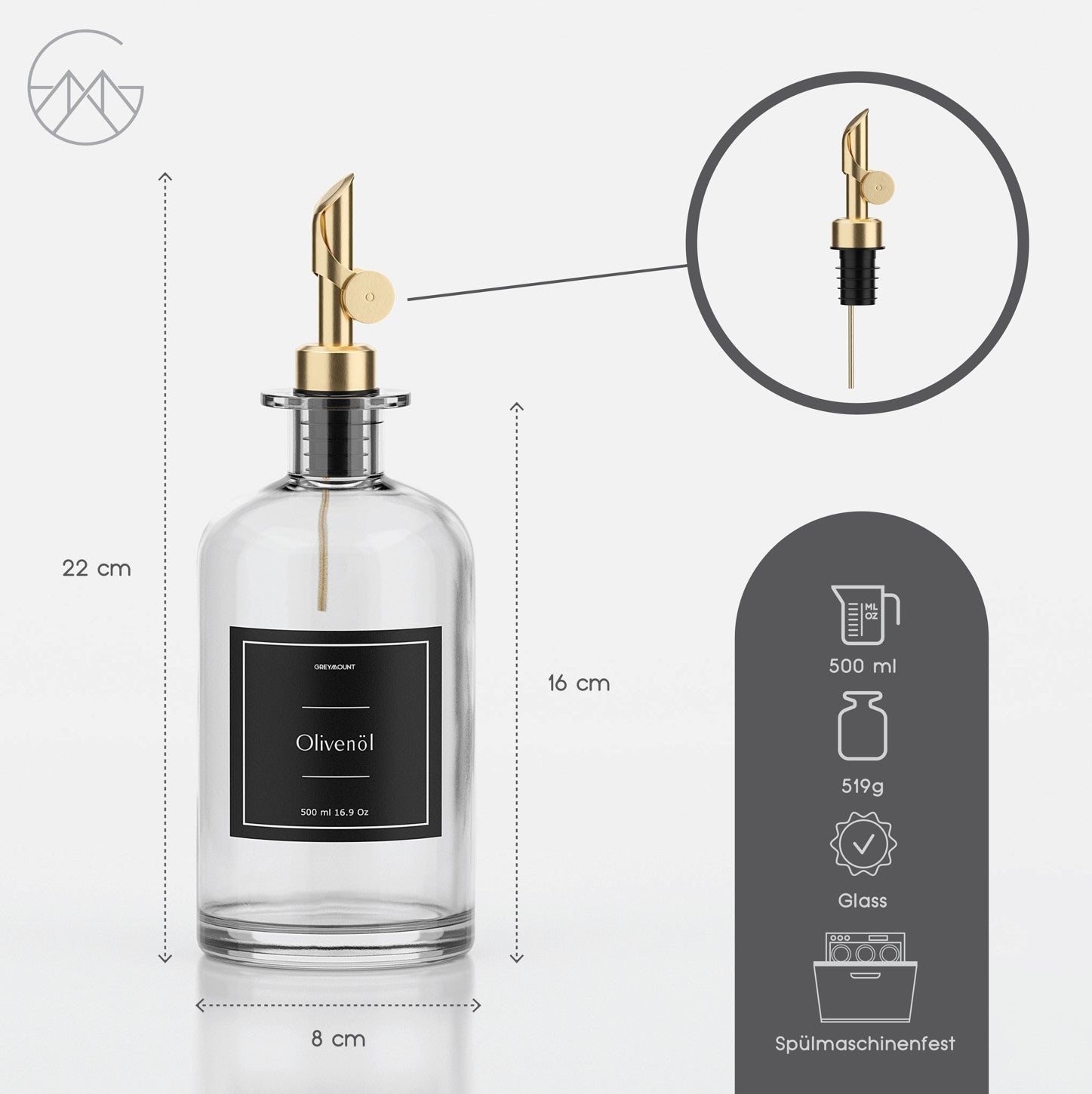 Ölflasche aus Glas mit Ausgießer Gold 2 (2er Set, 500ml)
