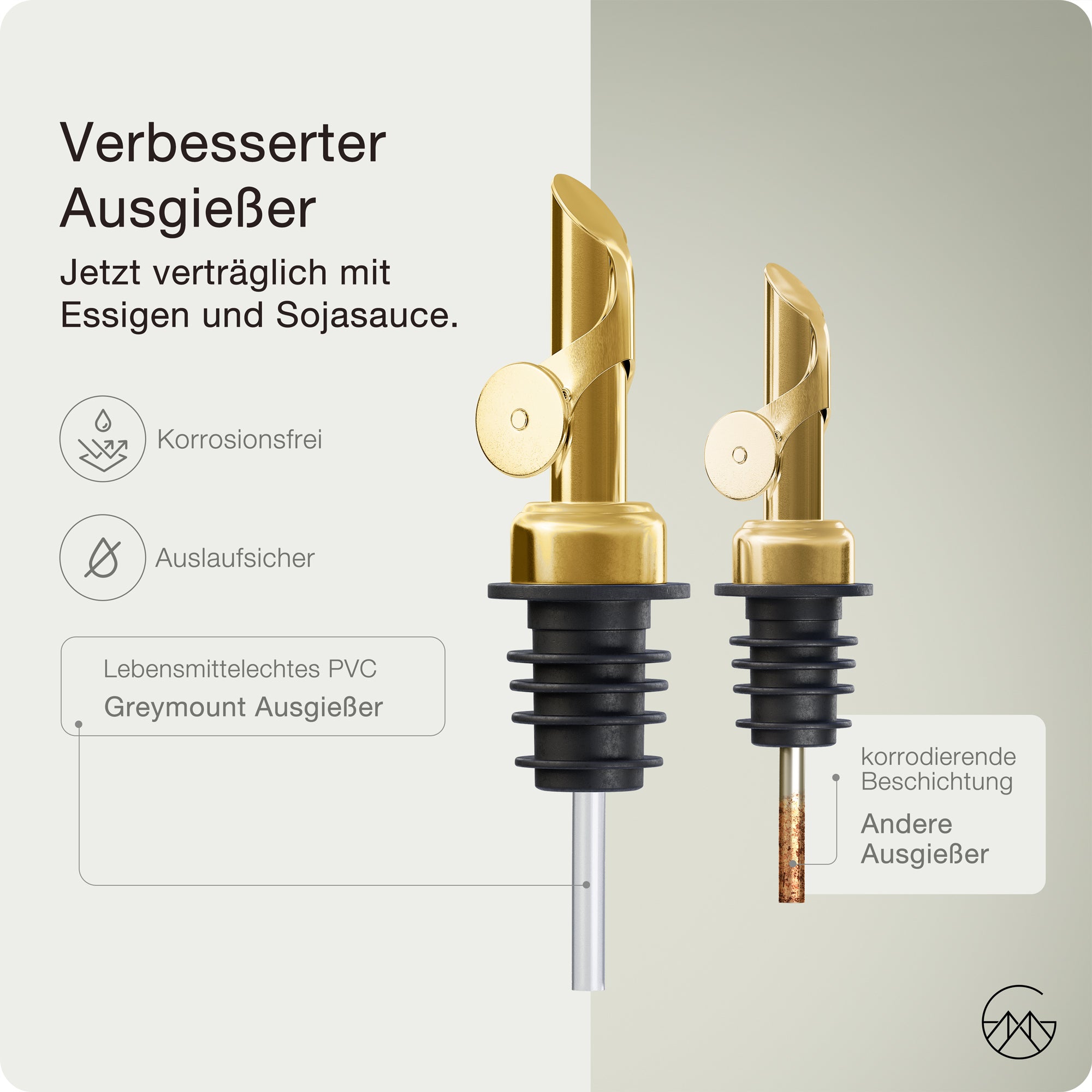 Ölflasche aus Glas mit Ausgießer Rose Gold (Weiß Etiketten, 500ml)