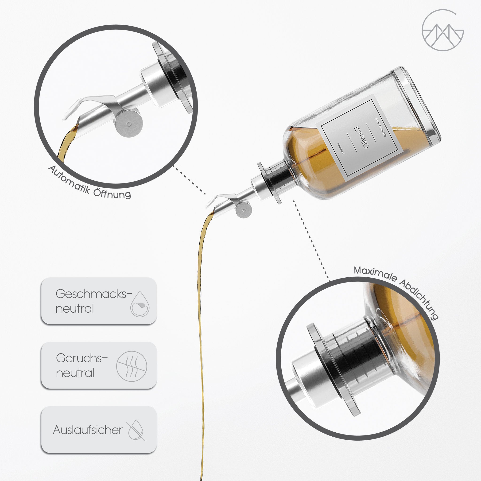 Ölflasche aus Glas mit Ausgießer Silber (2er Set, 500ml)
