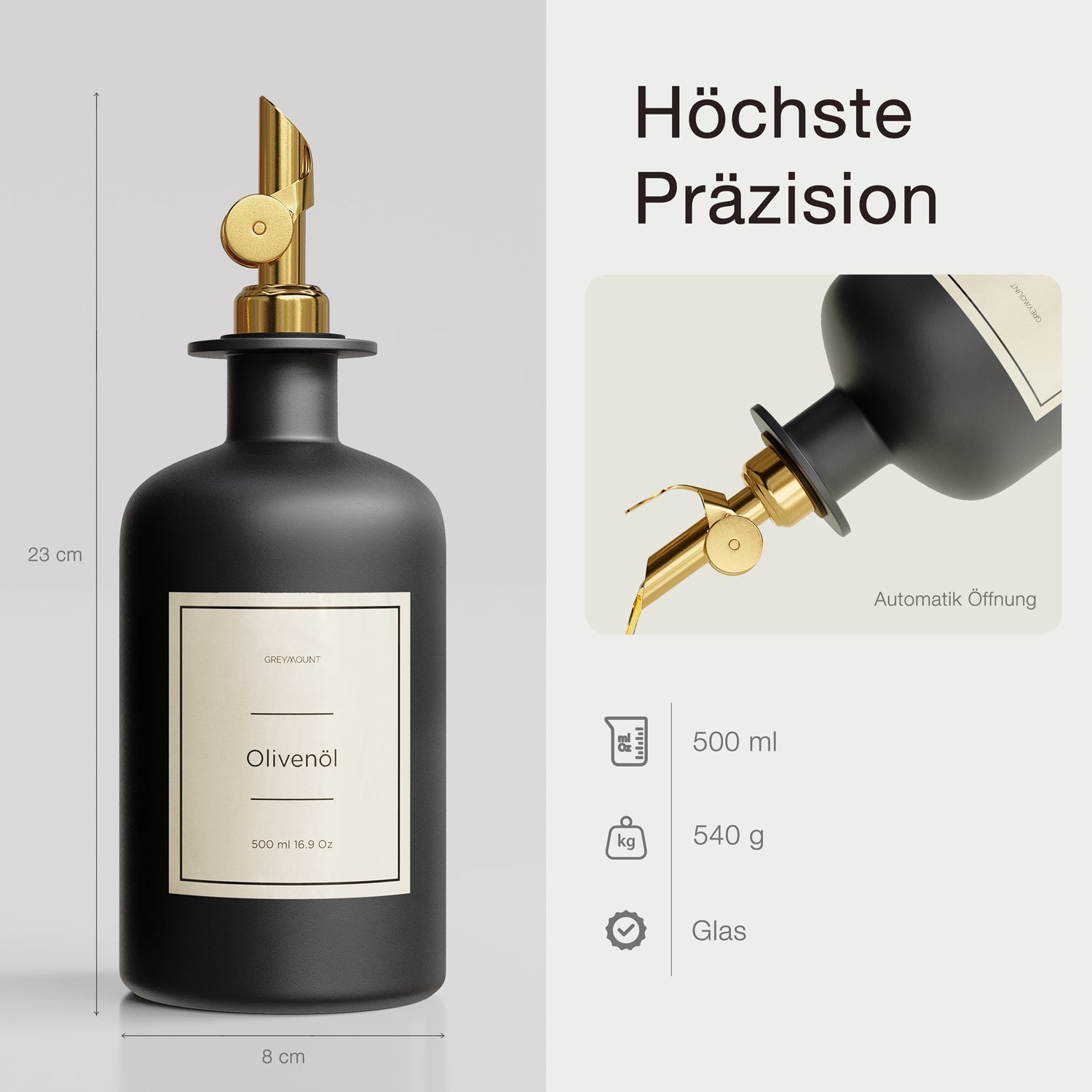 Ölflasche aus Glas Schwarz mit Ausgießer Gold (Sand Etiketten, 500ml)