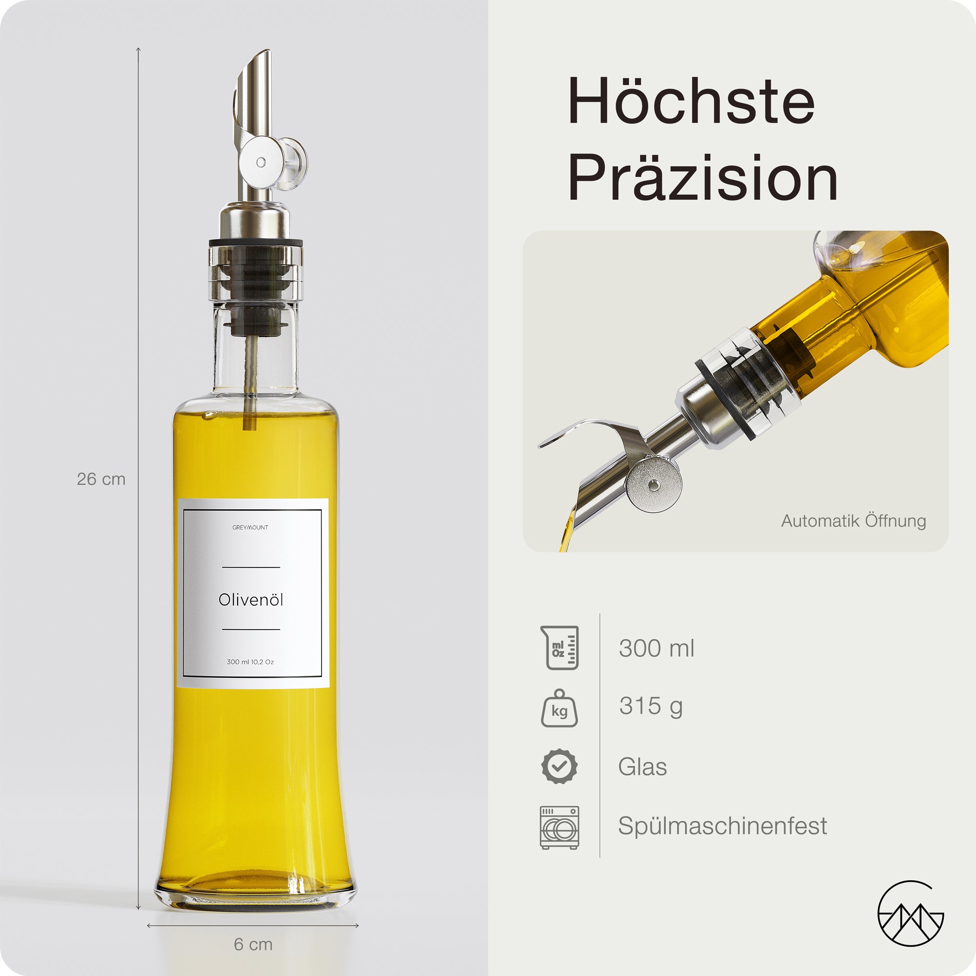Ölflasche aus Glas mit Ausgießer Silber (2er Set, 300ml)