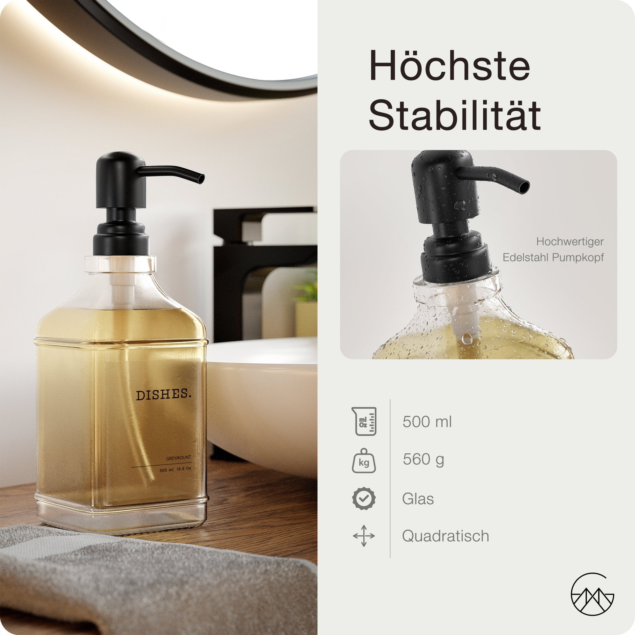 Seifenspender aus Glas mit Edelstahl Pumpe Schwarz (2er Set, 500ml) - Greymount