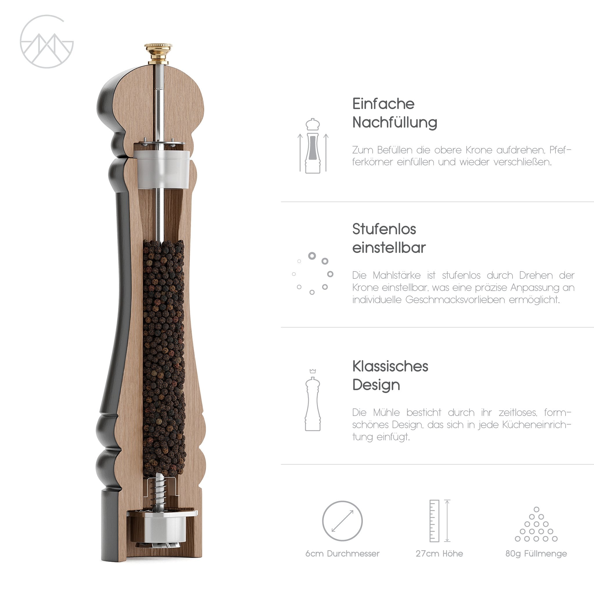CAUCASUS - Salz- und Pfeffermühle Set (Black/Wood, 27 cm) - Greymount