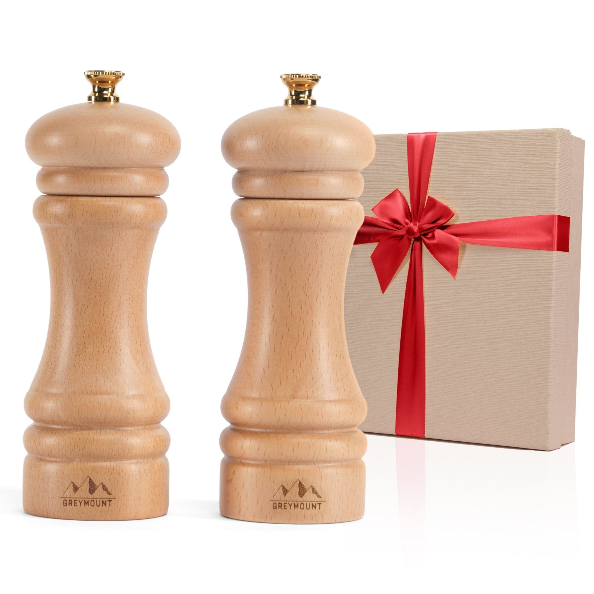 FUJI - Salz- und Pfeffermühle Set (Natural Wood, 17 cm) - Geschenkverpackt - Greymount