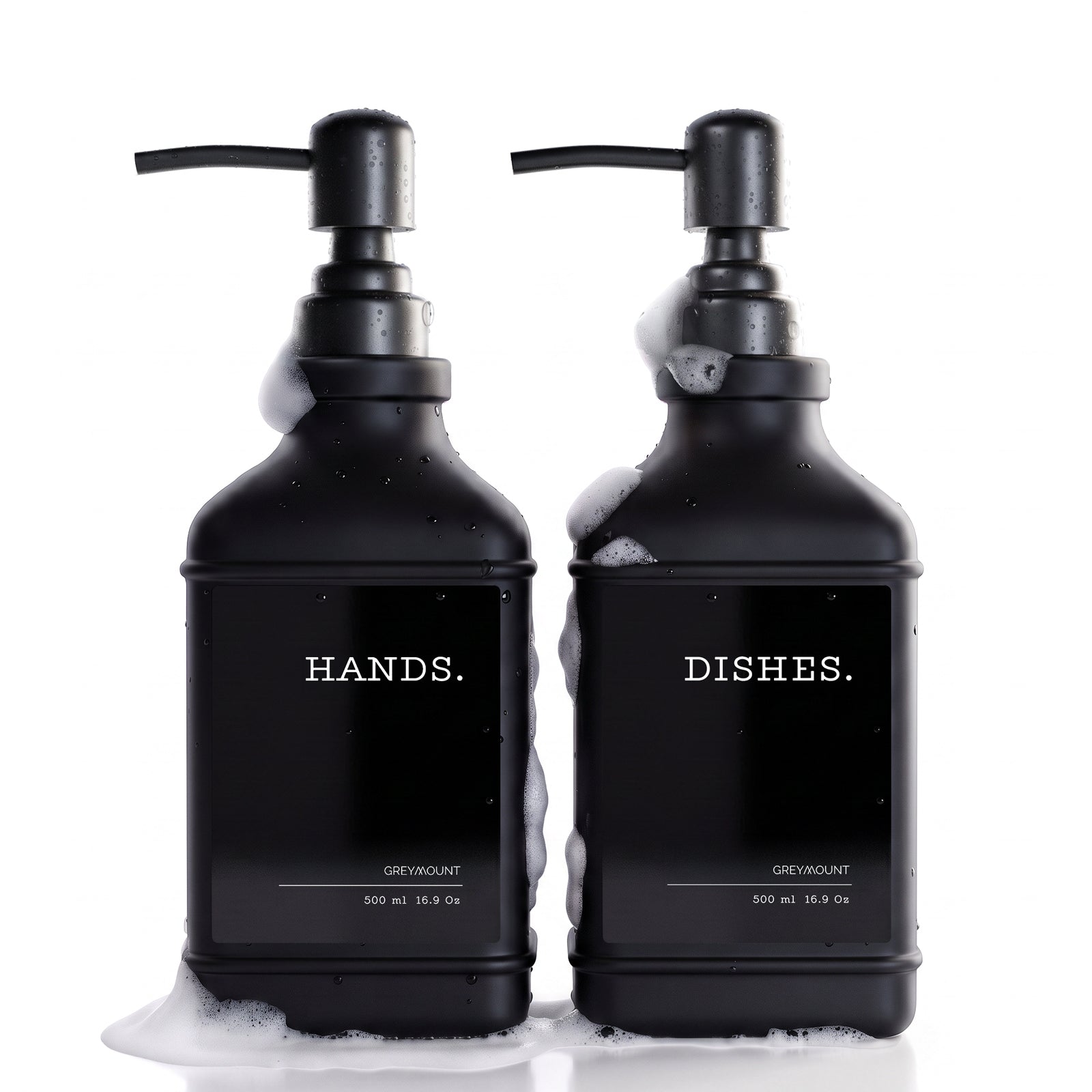 Seifenspender Schwarz mit Edelstahl Pumpe Schwarz (Schwarz Etiketten, 500ml)