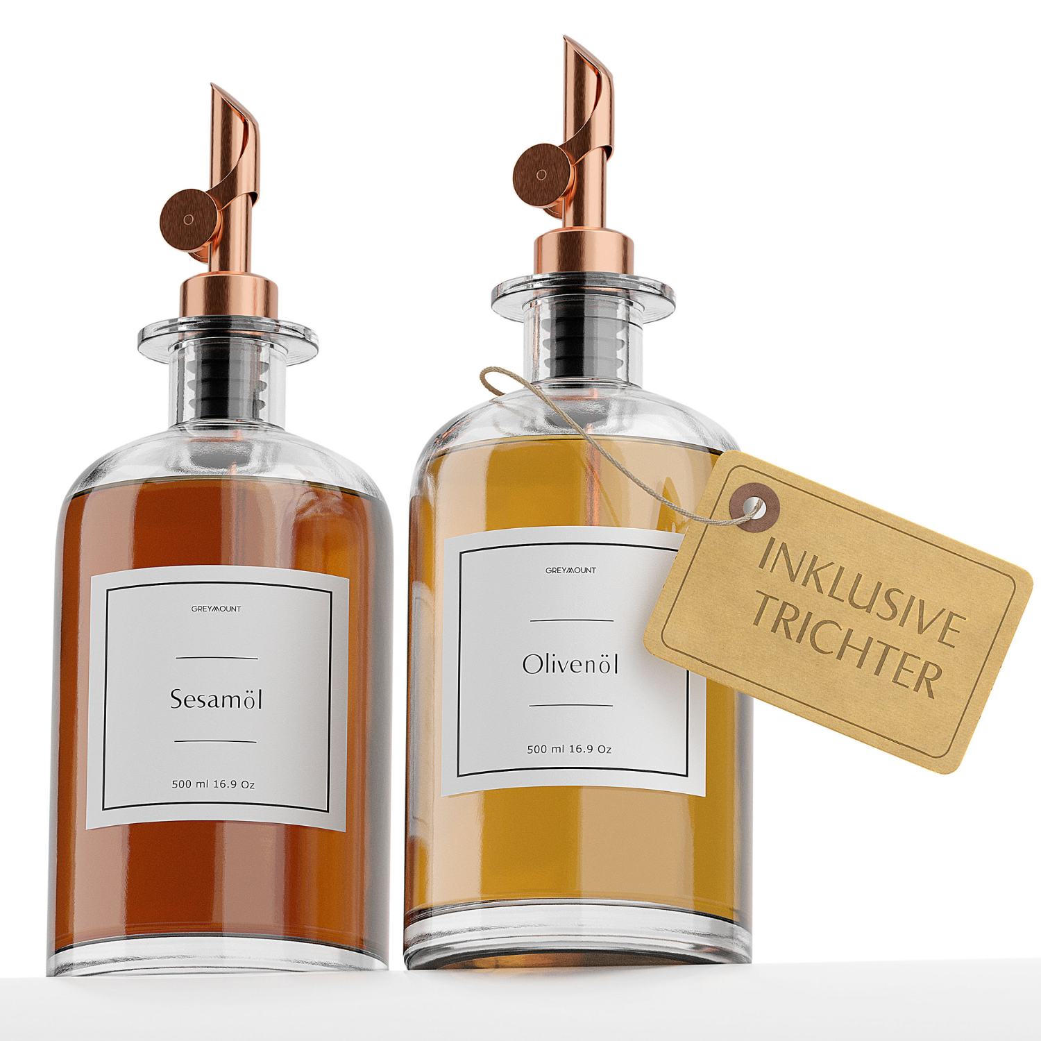 Ölflasche aus Glas mit Ausgießer Rose Gold (2er Set, 500ml)