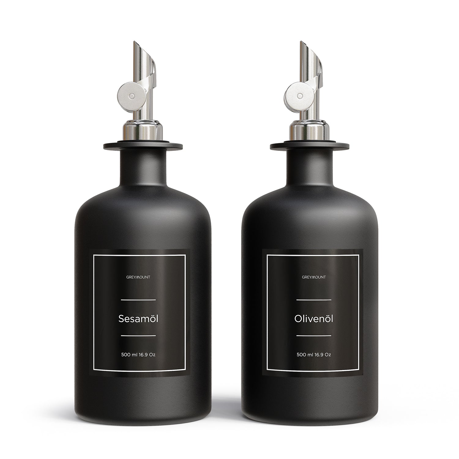Ölflasche aus Glas Schwarz mit Ausgießer Silber (Schwarz Etiketten, 500ml)