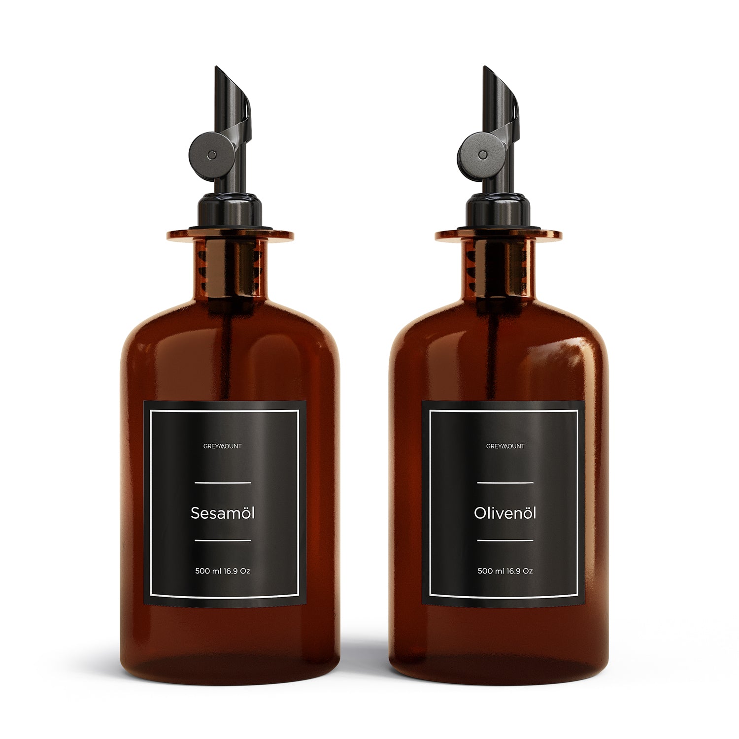 Ölflasche aus Braunglas mit Ausgießer Schwarz (Schwarz Etiketten, 500 ml)