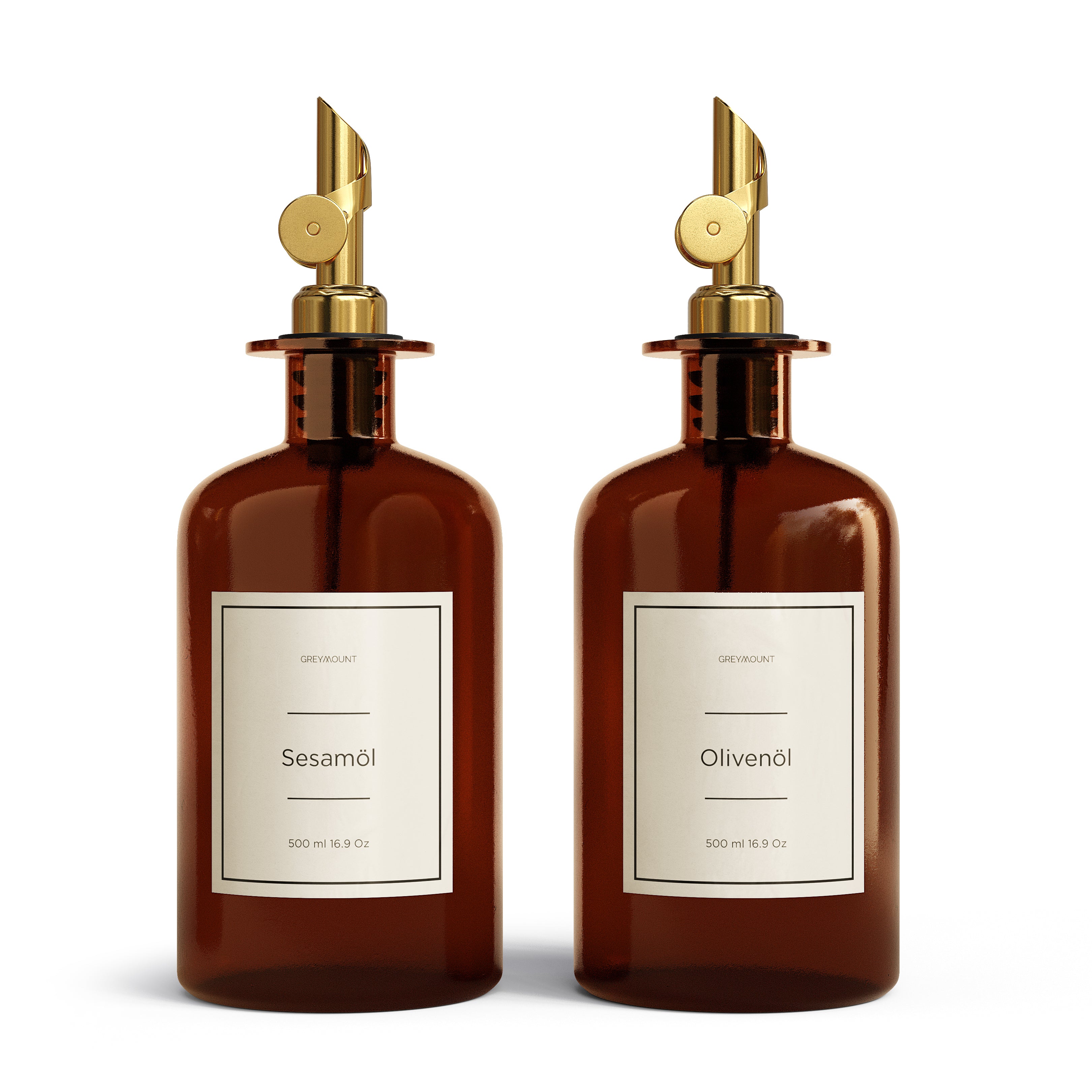 Ölflasche aus Braunglas mit Ausgießer Gold (Sand Etiketten, 500 ml)