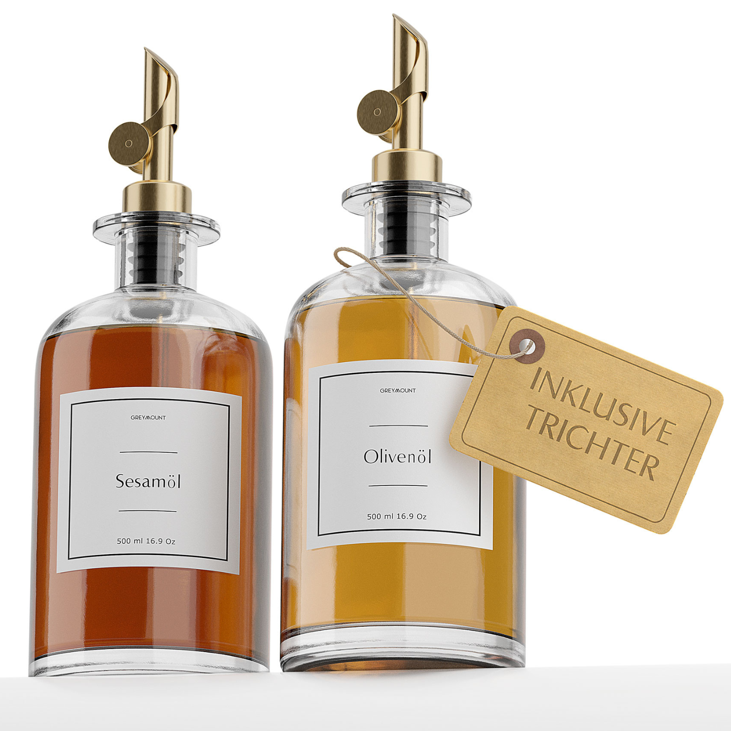 Ölflasche aus Glas mit Ausgießer Gold (2er Set, 500ml)