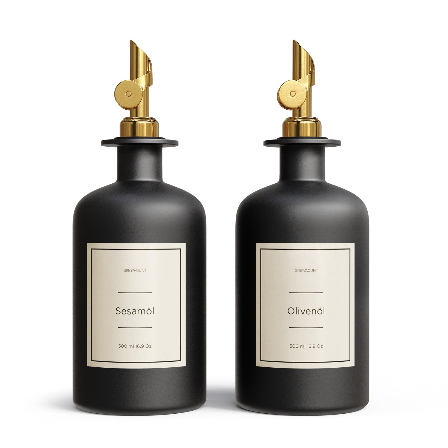Ölflasche aus Glas Schwarz mit Ausgießer Gold (Sand Etiketten, 500ml)
