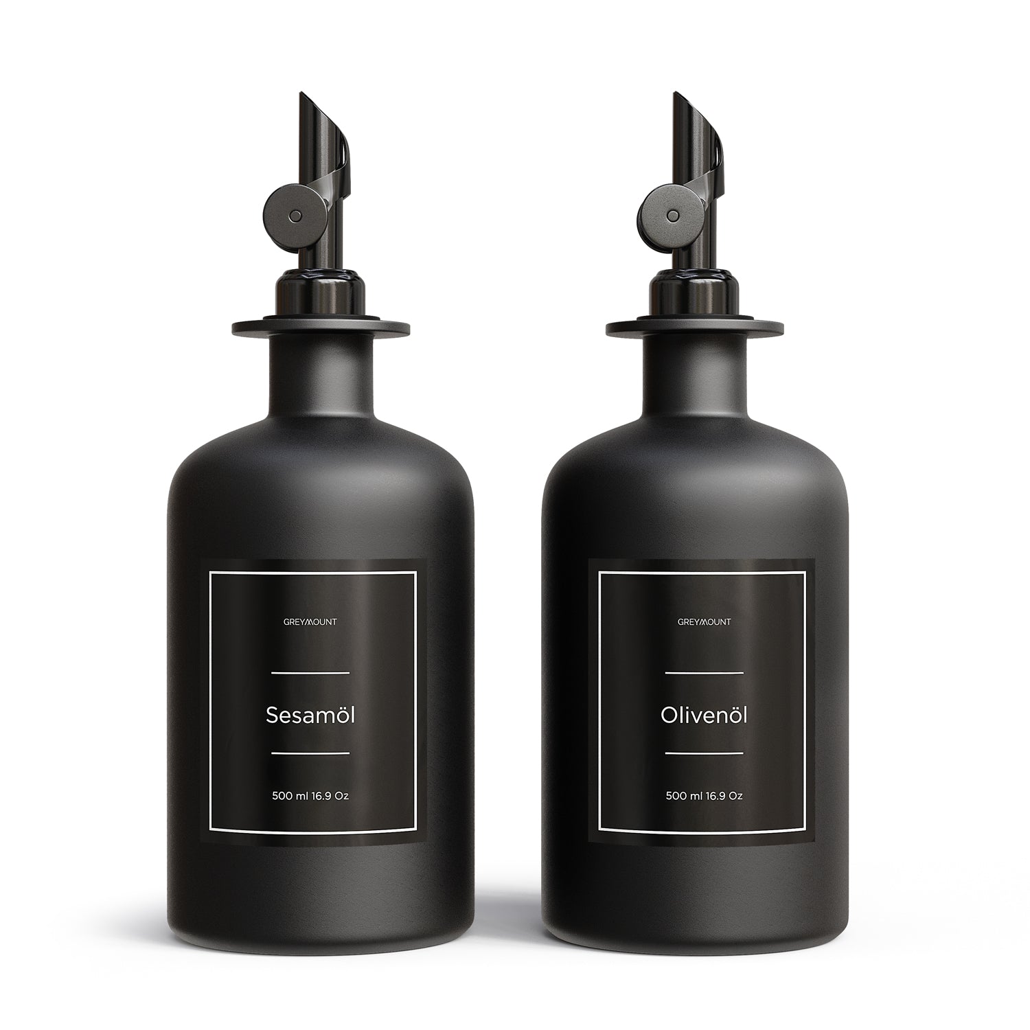 Ölflasche aus Glas Schwarz mit Ausgießer Schwarz (Schwarz Etiketten, 500ml)