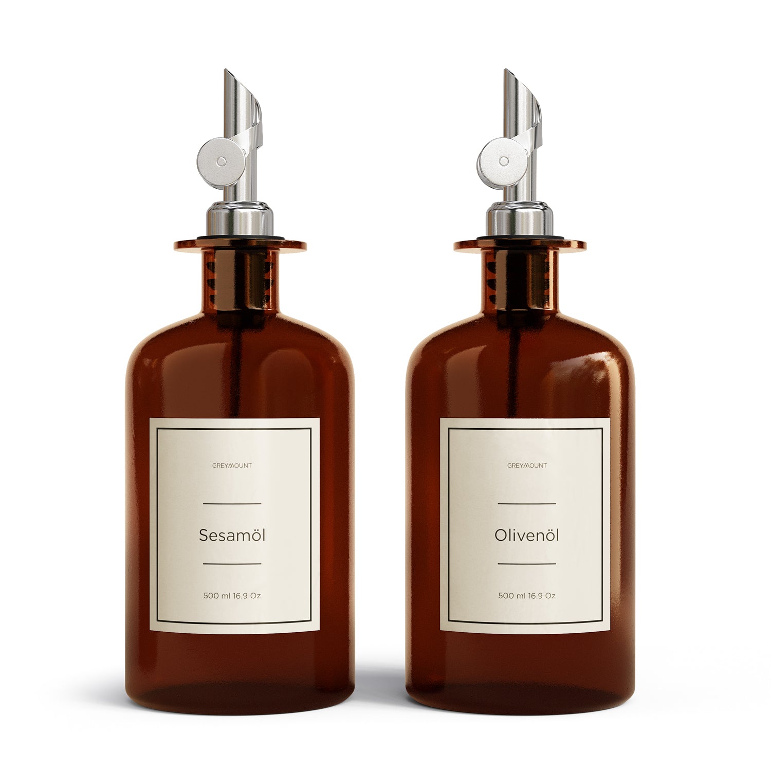 Ölflasche aus Braunglas mit Ausgießer Silber (Sand Etiketten, 500 ml)