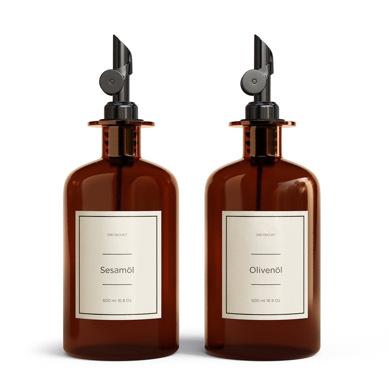Ölflasche aus Braunglas mit Ausgießer Schwarz (Sand Etiketten, 500 ml)