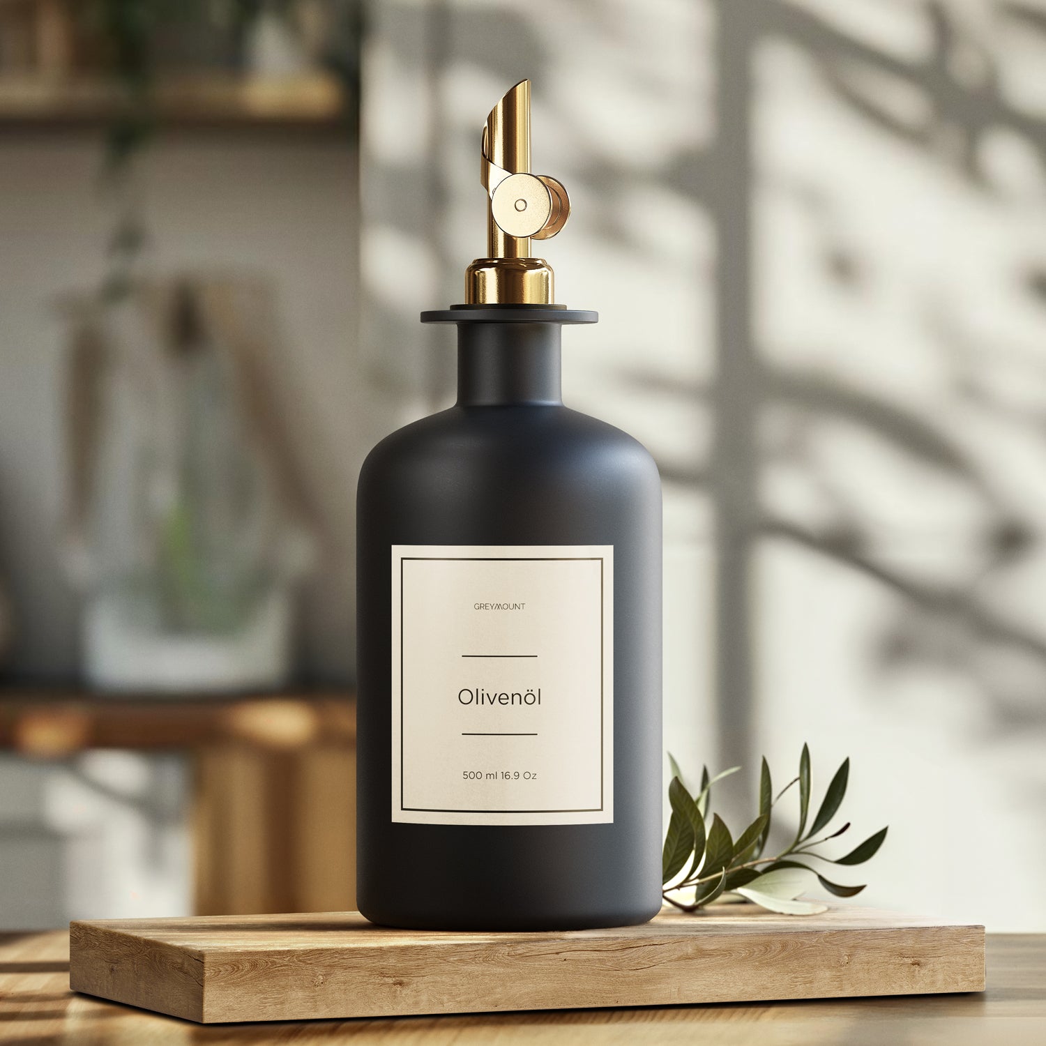 Ölflasche aus Glas Schwarz mit Ausgießer Gold (Sand Etiketten, 500ml)