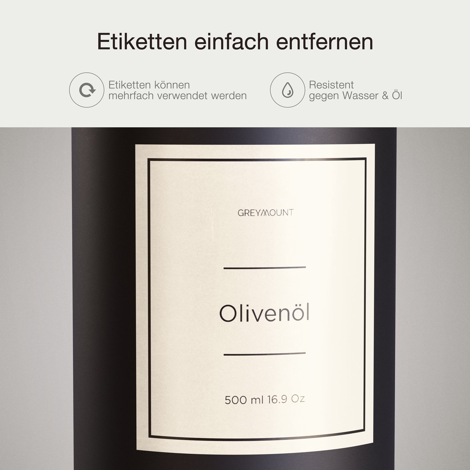 Ölflasche aus Glas Schwarz mit Ausgießer Gold (Sand Etiketten, 500ml)