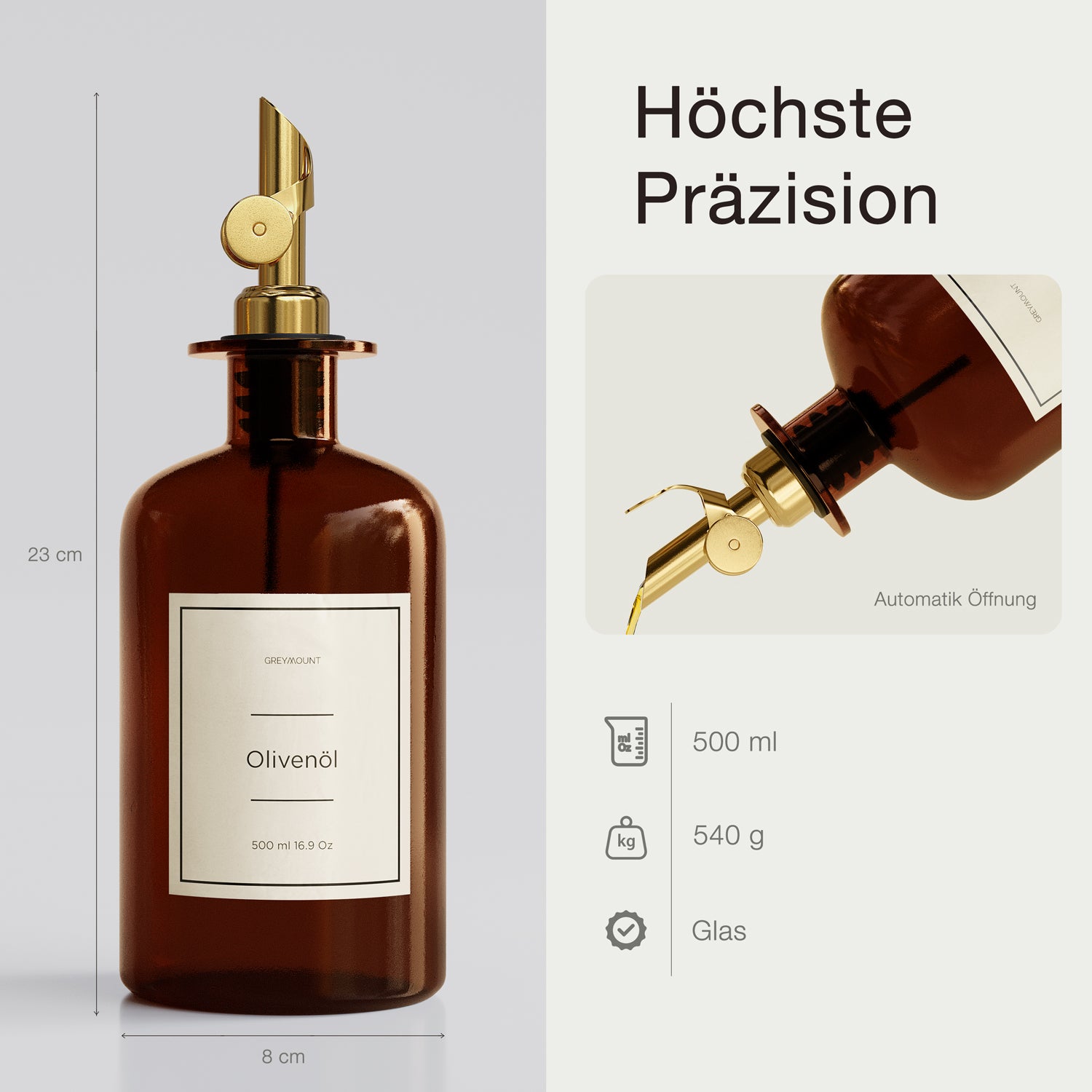Ölflasche aus Braunglas mit Ausgießer Gold (Sand Etiketten, 500 ml)