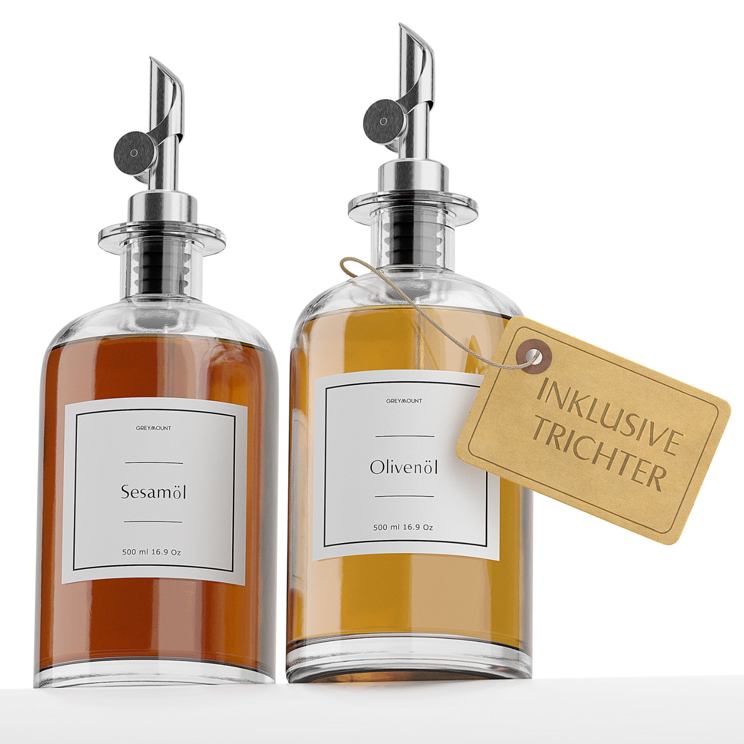 Ölflasche aus Glas mit Ausgießer Silber (2er Set, 500ml)