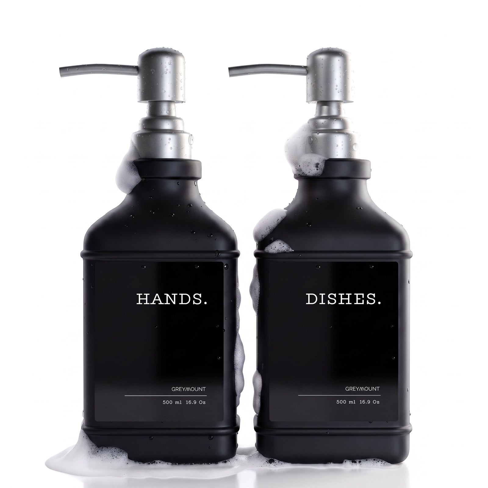 Seifenspender Schwarz mit Edelstahl Pumpe Silber (Schwarz Etiketten, 500ml)