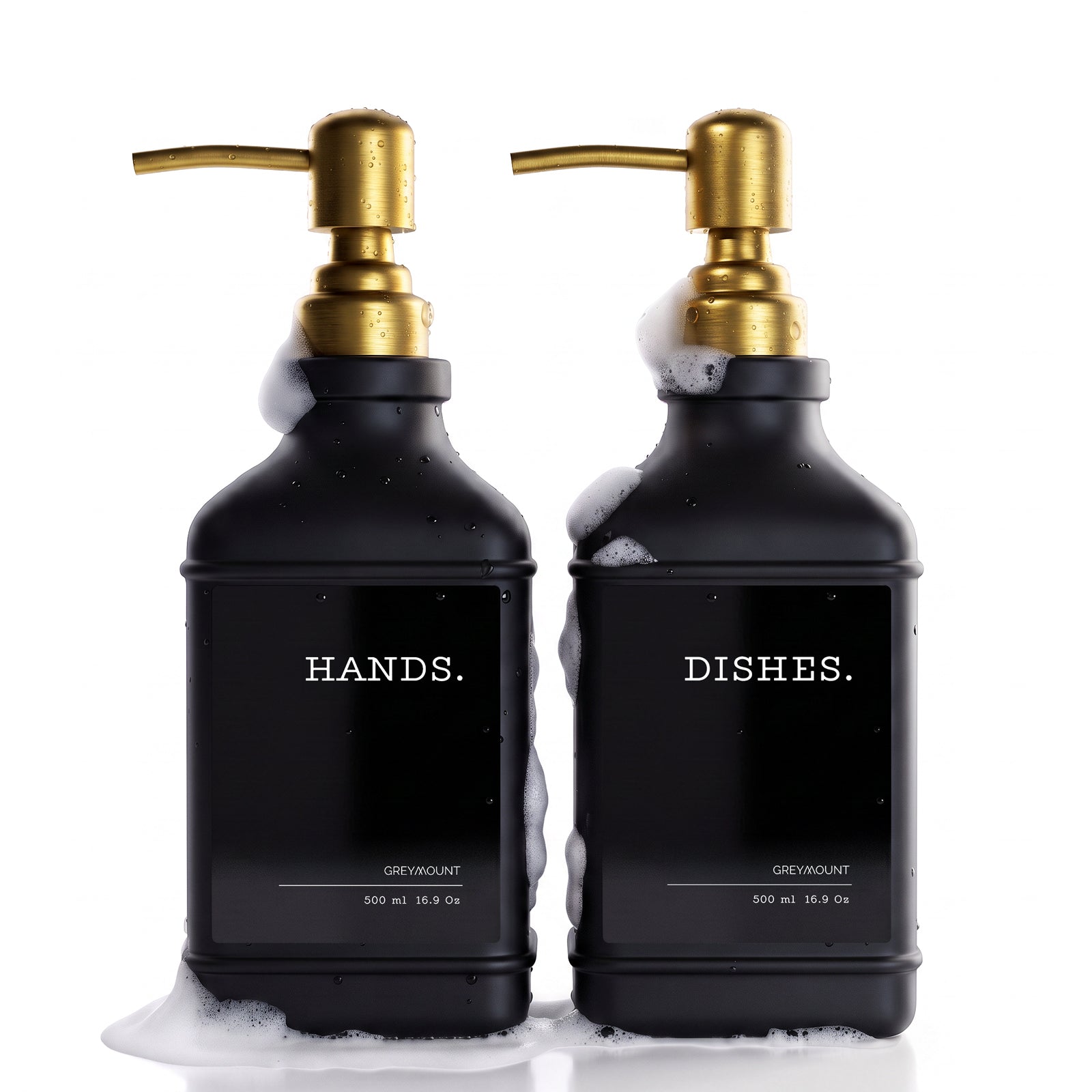 Seifenspender Schwarz mit Edelstahl Pumpe Gold (Schwarz Etiketten, 500ml)