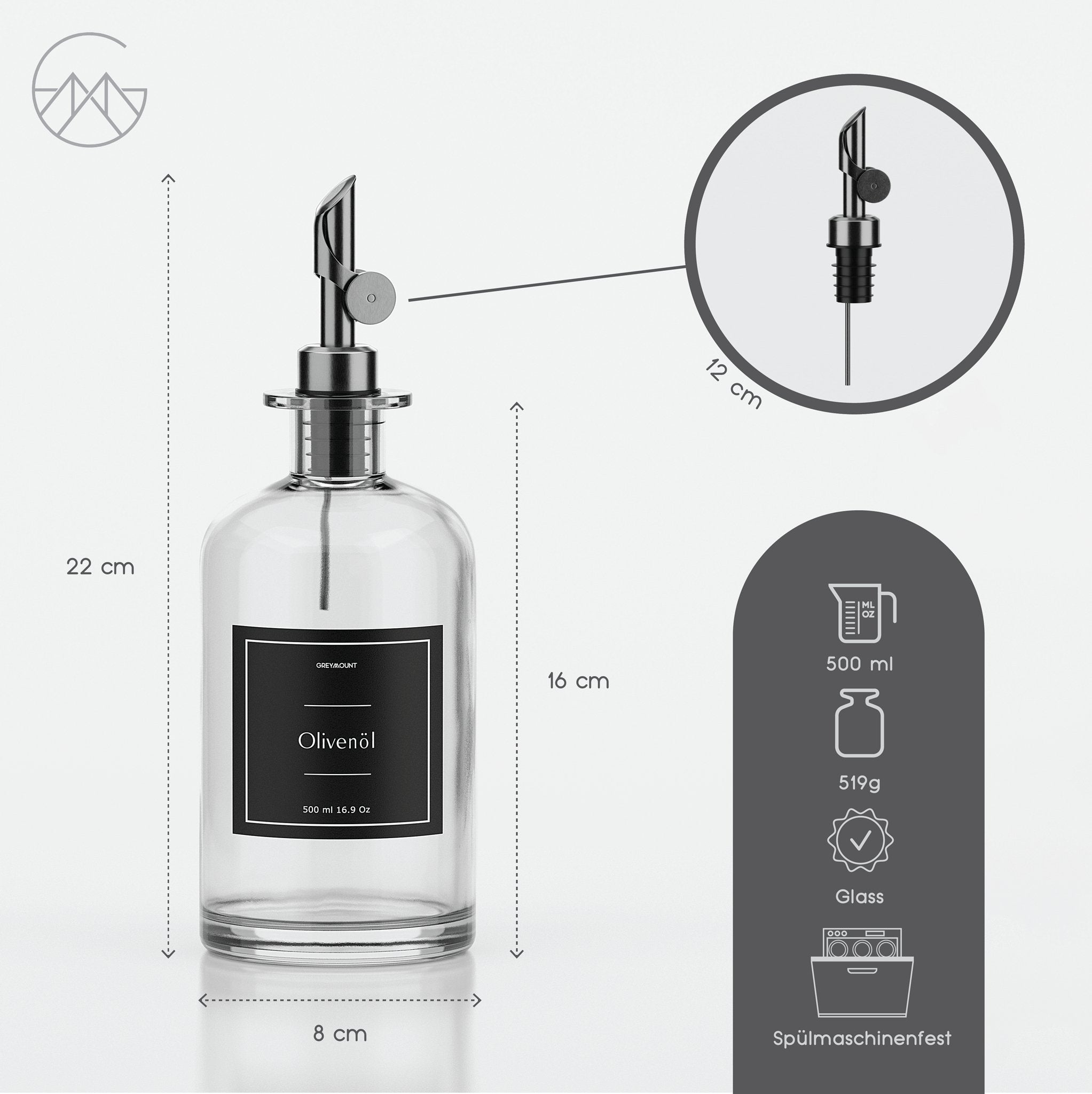 Ölflasche aus Glas mit Ausgießer Schwarz (2er Set, 500ml) - Greymount